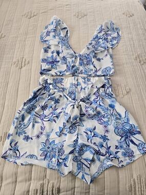 White Floral Blue Printed Ruffle Romper